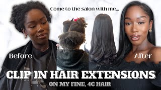 TRYING CLIP INS ON MY SHORT FINE 4C HAIR  TEXTURE RELEASE  COME TO THE SALON WITH ME BLACK HAIR [upl. by Norej]