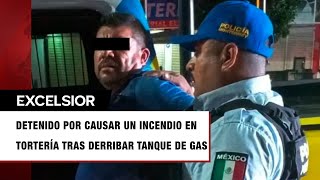 Borracho tira tanque de gas y provoca incendio en una tortería [upl. by Bolt]