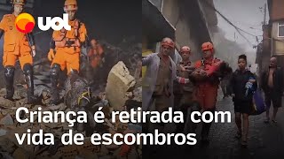 Petrópolis menina de 4 anos é retirada com vida de escombros após pai usar corpo para protegêla [upl. by Cilla]