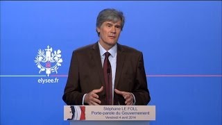 Conseil des ministres Stéphane Le Foll parle du leitmotiv de Manuel Valls  0404 [upl. by Onilecram]