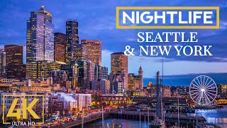 Night Skylines of Seattle amp New York  4K Night City Life Video with Relaxing Jazz Music  10 HOURS [upl. by Nabi]