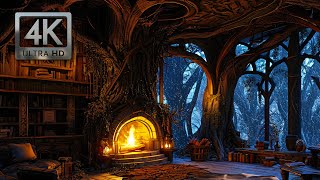 Inside the Enchanted Forest Treehouse Winter Ambience w Wind Blowing Falling Snow Crackling Fire [upl. by Oremodlab310]