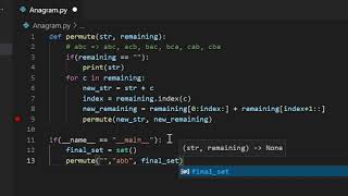 Python  Anagrams permutations of a string using recursion and Set [upl. by Abdulla]