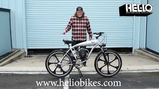 Helio Supernatural 4 stroke Motorized Bicycle with 49cc Honda GXH50 and USA built gearbox 150 MPG [upl. by Ladnik]