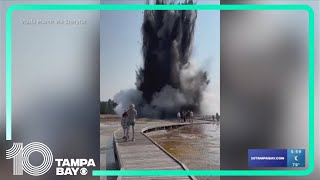 Geyser explosion frightens guests at Yellowstone National Park [upl. by Nellak]