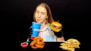 ASMR MOST POPULAR FOOD AT IHOP NO TALKSTEAKBURGER 🍔 BACON 🥓ONION RINGS🧅 QUEASADILLIA PEPSI 🥤 [upl. by Stoneham]