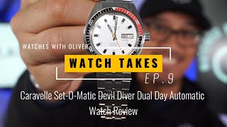 WATCH TAKES EP9 Caravelle SetOMatic Devil Diver Dual Day Automatic Watch Review [upl. by Miki]