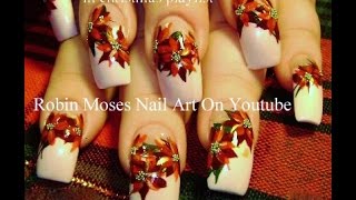 Red Poinsettias  Christmas Nail Art design  Long White French Tip nails [upl. by Trauts]