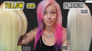 TONING YELLOW BLONDE HAIR to PLATINUM BLONDE HAIR  HOW TO FIX OVERTONED PURPLE HAIR [upl. by Ybrik]