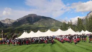 Massed Pipe Bands Canmore Highland Games 2016 [upl. by Nednyl719]