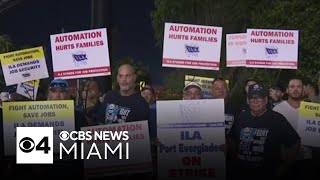 Striking dock workers at PortMiami Port Everglades demand higher wages [upl. by Ynoffit]