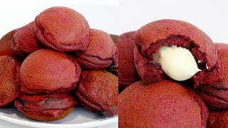 Red VelvetStuffed Mini Pancakes Ebelskivers  RECIPE [upl. by Adlesirc958]