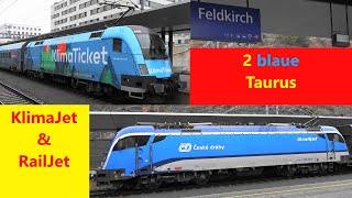 Feldkirch Bahnhof 2 blaue Taurus Klimajet mit Klimaticket Taurus 1116 amp CD railjet Taurus 1216 [upl. by Aniles]