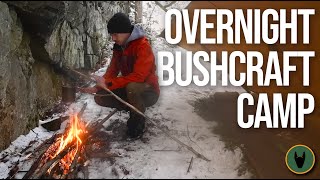 Overnight Bushcraft Camp at a Cliff with Minimal Gear and a Dog in the Snow [upl. by Marfe]