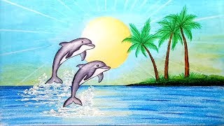 How to draw scenery of Dolphin in beachStep by stepeasy draw [upl. by Skolnik]