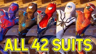 ALL 42 SpiderMan SUITS amp COSTUMES Every Suit  New Far From Home and All DLC Suits SpiderMan PS4 [upl. by Nhojleahcim]