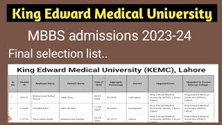 Kemu final merit list for mbbs admissions 202324  uhs college wise selection list for mbbs 2023 [upl. by Eenhpad]