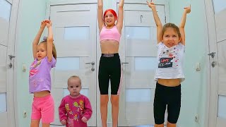 Four sisters doing morning exercises Girls gymnastics Funny video with kids [upl. by Koa]