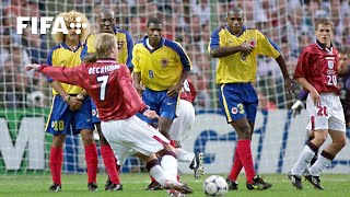 David Beckhams FreeKick Goal v Colombia  1998 FIFA World Cup [upl. by Reinert]