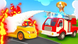 Helper Cars amp the broken yellow car The fire truck saves the day Learn animals amp cartoons for kids [upl. by Yffub]