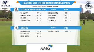 Victorian Prem Cricket  Kookaburra Womens Firsts T20  Rd3  Carlton v Essendon Maribyrnong Park [upl. by Stephani]