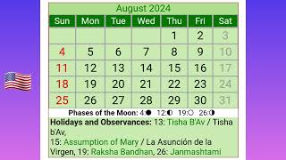 August 2024 Calendar US 🇺🇸  Aug 2024  Ganesh Chaturthi 2024 [upl. by Aniroc]