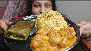 Eating Show  Basanti Pulao Kashimir Dum Aloo Vetki Fish Paturi  poulamieatingshow [upl. by Adilem]