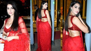 Hottie 🔥 In Red Saree Nora Fatehi Stuns with her Fashion 💖 as she Papped in Bandra BKC 📸 [upl. by Juback761]