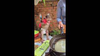 Today Mom take Baby Monkey Icy to cooking outside 😍🙉monkey babymonkey cutemonkey monkeylove [upl. by Yhcir]