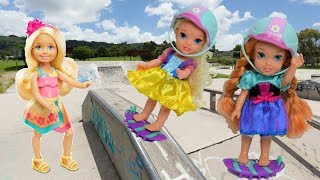 Anna and Elsa Toddlers Skateboard Ramp Tricks Skating Park  Plus Jessica Sleepover Series Dolls [upl. by Nivre24]