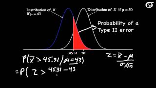 Calculating Power and the Probability of a Type II Error A OneTailed Example [upl. by Reyam]