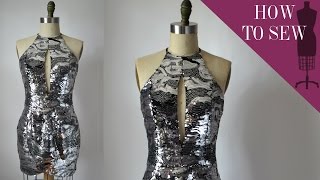 How To Sew A Sequin Halter Tulip Mini Dress [upl. by Edialeda]