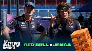 quotYou Look Ridiculousquot  Max Verstappen amp Sergio Perez Play Giant Jenga  Red Bull  F1  Kayo Sports [upl. by Sinnard752]