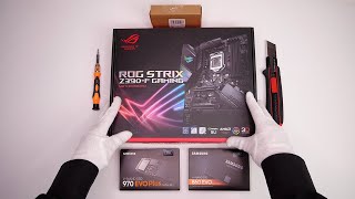 i9 9900K Unboxing Asus ROG Strix Z390F Gaming Samsung 860 EVO 970 amp Evo Plus  How to install [upl. by Aiel]