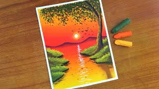 Easy Oil Pastel Sunset Scenery Painting for beginners  Oil Pastel Drawing [upl. by Neerhtak]