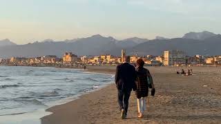 Italy 🇮🇹 Tuscany Viareggio The Viareggio beach 🏖️  April 2024  walking over sunset 🌅 from port [upl. by Noitna]