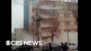 Video shows building collapse in Turkey as earthquake strikes [upl. by Ivanna]