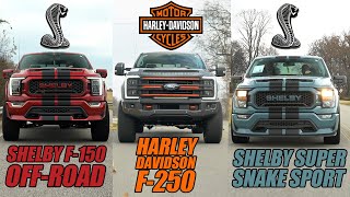 Triple Truck Review Shelby F150 OffRoad Shelby Super Snake Sport HarleyDavidson F250 [upl. by Mcgean]