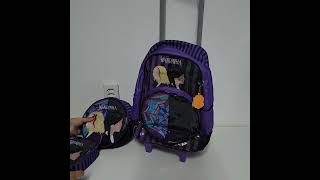 Kit Mochila Rodinha Infantil Lancheira Estojo Box Wandinha Luxcel mod roxo volta às aulas 2024 nova [upl. by Silsby]