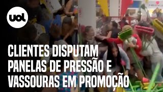 Clientes disputam panelas de pressão e vassouras em promoção em inauguração de loja no Rio vídeo [upl. by Jsandye]