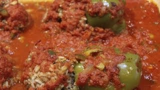 YUMMY STUFFED GREEN PEPPERS IN SAUCE RECIPE  Cheryls Home Cooking [upl. by Vacla]