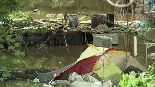 Flooding sweeps homeless out of encampments overnight [upl. by Ennaecarg]