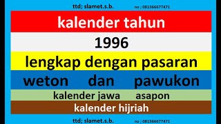 kalender 1996 lengkap pawukon  weton  pasaran kalender jawa  hijriah [upl. by Mila]