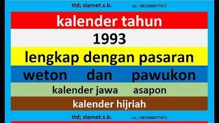 kalender 1993 lengkap pawukon  weton  pasaran kalender jawa  hijriah [upl. by Arres373]