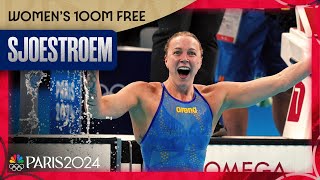 Sarah Sjoestroem wins gold USs Torri Huske takes silver in womens 100m free  Paris Olympics [upl. by Aerdnac]