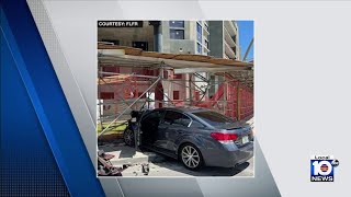 3 injured after car crashes into construction scaffolding site [upl. by Gambell]