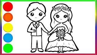 How to color the cute bride and groom in an easy way for children  Bride and groom coloring page [upl. by Hild]