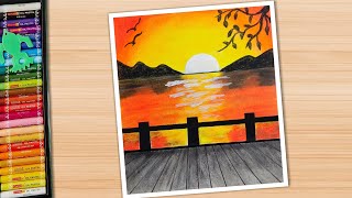 Drawing with Oil Pastel  Sunset Landscape Painting for Beginners  Oil Pastel Drawing [upl. by Yentirb]