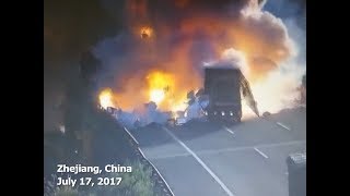 Truckvan Collision Causes Explosion in Chinas Zhejiang [upl. by Keraj295]