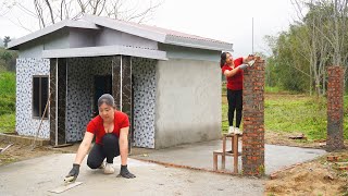 Strong girl build kitchen houseConcrete floor strips and build pillars with bricks [upl. by Rosabelle297]